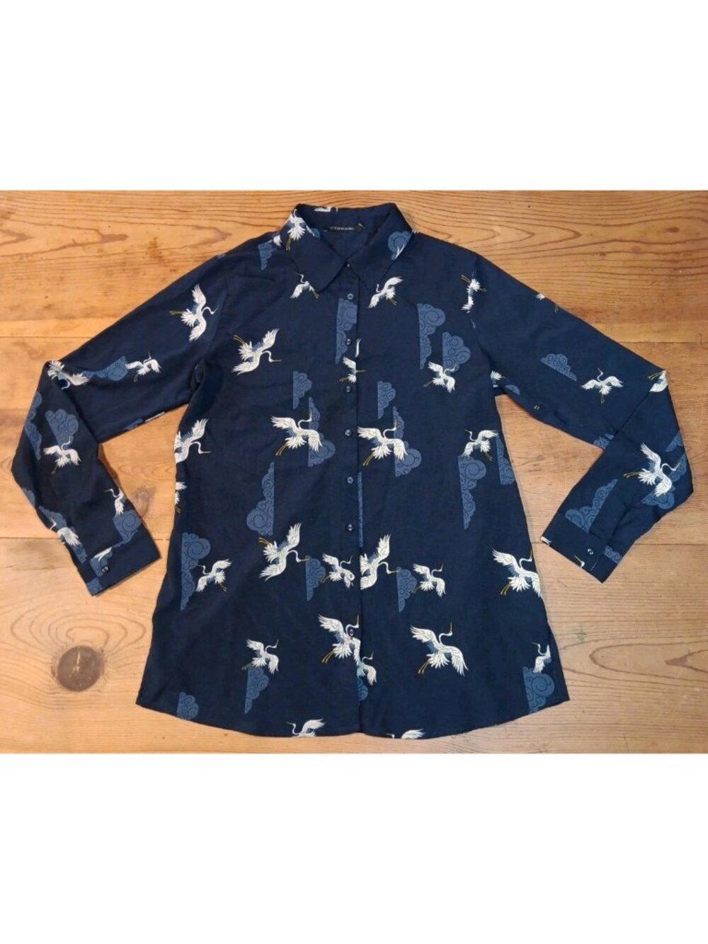 T Tahari Crane Print Blouse Women S Black Asian Oriental Sheer Chiffon Button Up